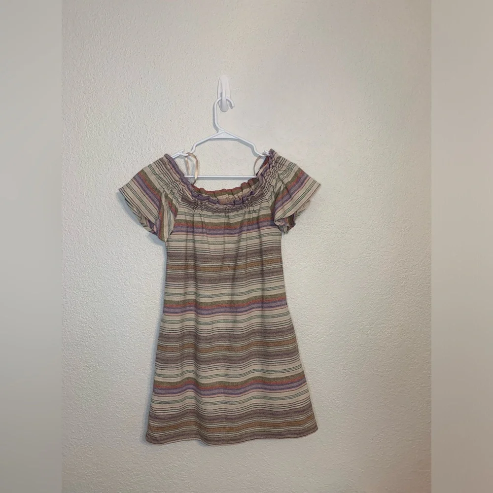 Philosophy Women Sz Small Boho Dress Ivory Colorful Stripe Cotton Off Shoulder - Picture 2 of 10